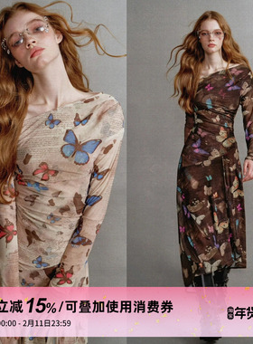 1P STUDIO 复古卡其色蝴蝶印花弹力网纱斜肩内搭不规则连衣裙长裙