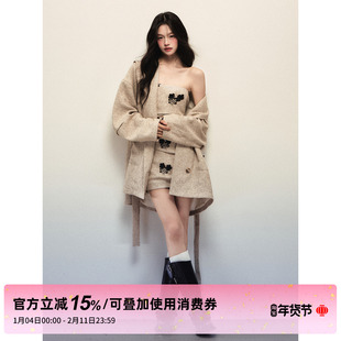 1P STUDIO 杏色宽松廓形毛呢外套女秋冬系腰带呢子大衣抹胸裙套装