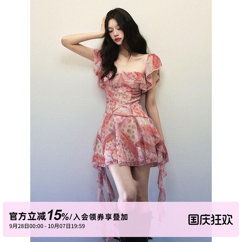 1P STUDIO 粉格碎花拼接方领连衣裙女秋装荷叶边不规则飘带短裙子