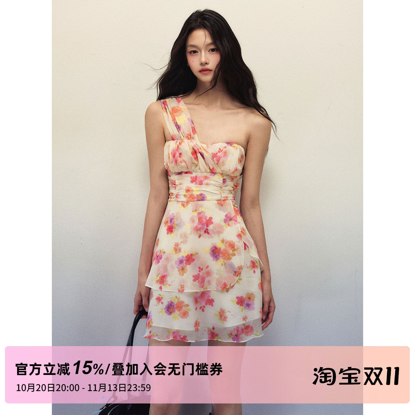 1P STUDIO 油画风彩色碎花雪纺连衣裙女秋装修身收腰单肩抹胸短裙