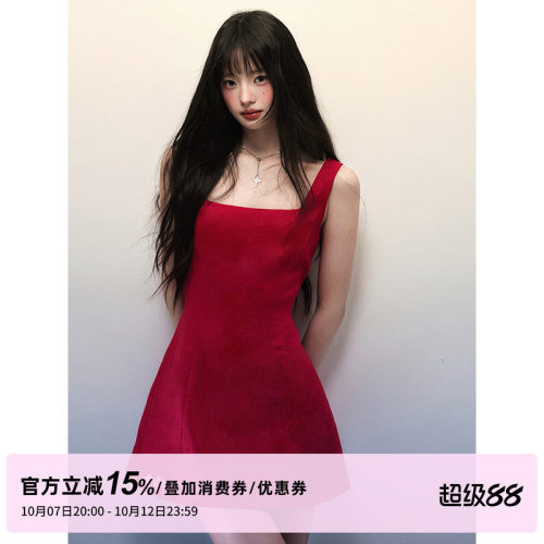 1P STUDIO 红色棉麻大方领背心连衣裙女秋装A字裙摆修身收腰短裙