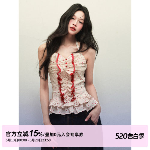 1P STUDIO 纯棉波点蕾丝木耳边挂脖上衣女夏修身短款花边无袖背心