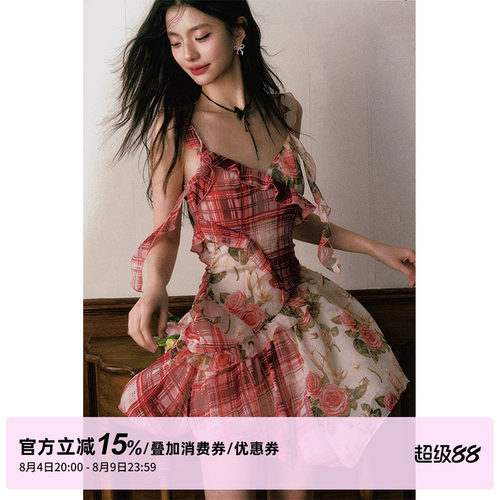 孟子义同款 1P STUDIO红格纹拼接玫瑰碎花连衣裙飘带荷叶边吊带裙