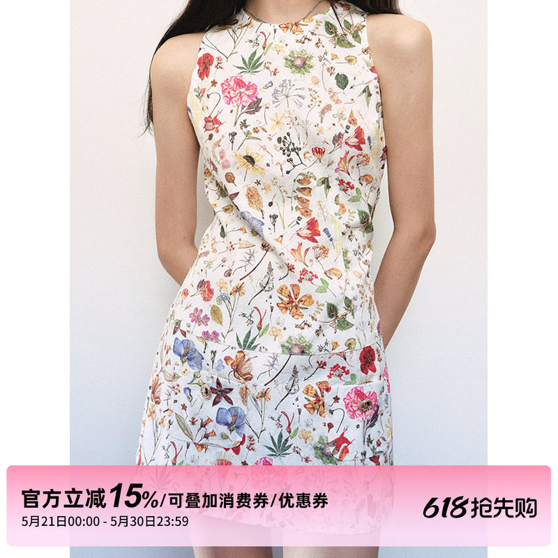 1P STUDIO“风传花信”白色肌理碎花无袖连衣裙女夏季收腰背心裙