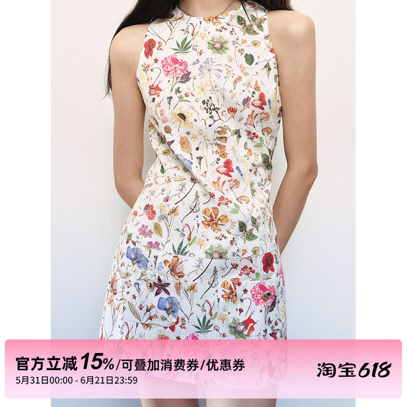 1P STUDIO“风传花信”白色肌理碎花无袖连衣裙女夏季收腰背心裙
