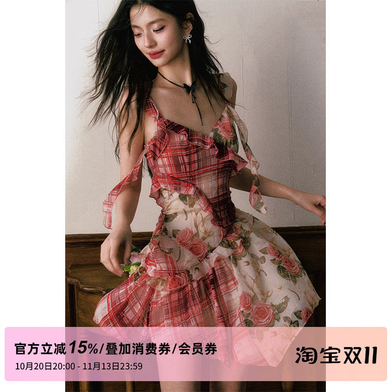 孟子义同款 1P STUDIO红格纹拼接玫瑰碎花连衣裙飘带荷叶边吊带裙