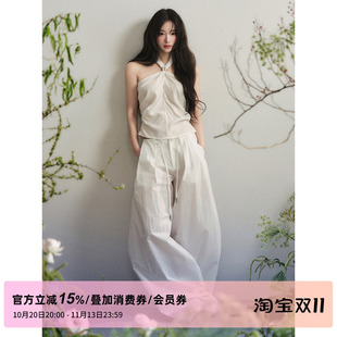 1P STUDIO 白色天丝纽结挂脖上衣休闲棉麻阔腿长裤两件套装女秋装