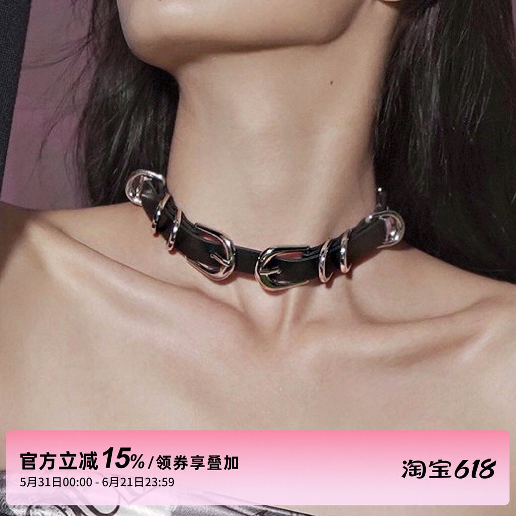 1P STUDIO原创设计 层叠圆环双扣头精致皮带choker项链颈饰配饰