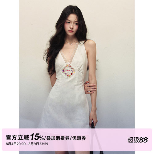 1P STUDIO 花卉刺绣蕾丝花边V领连衣裙女夏季收腰修身A字无袖短裙