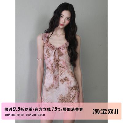 1P STUDIO 晕染豹纹蝴蝶结U领连衣裙女秋装收腰显瘦无袖背心短裙