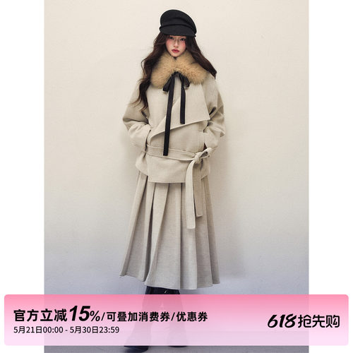 1P STUDIO 米灰色设计感腰带短款毛呢外套+中长款百褶裙两件套装