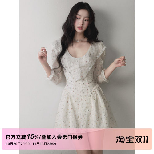 1P STUDIO 镂空刺绣提花大U领连衣裙女秋装羊腿中袖收腰A字短裙子