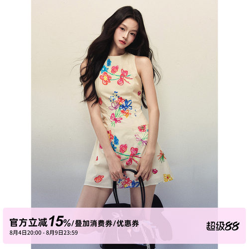 1P STUDIO 艺术手绘彩花背心连衣裙女夏季修身收腰A字无袖短裙子