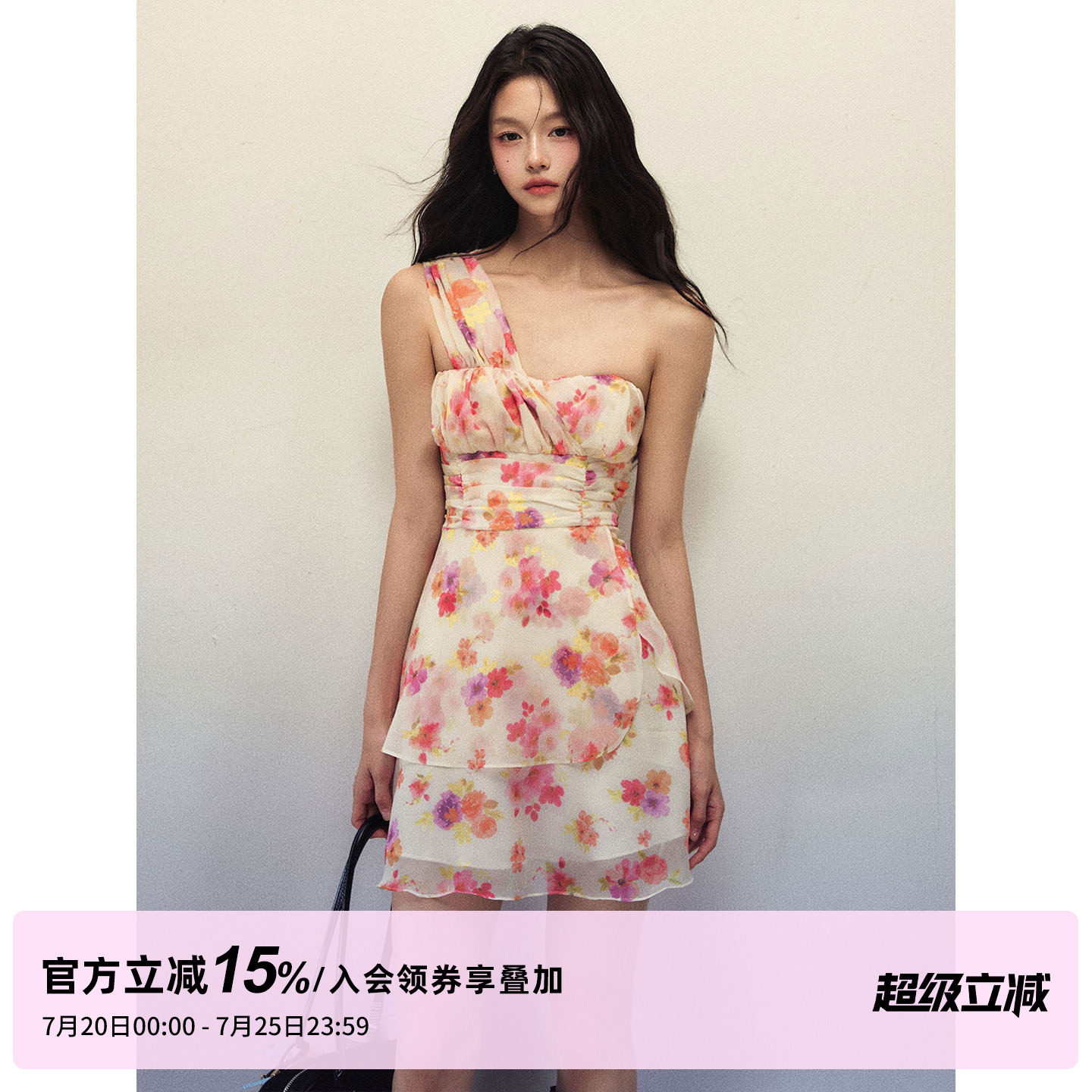 1P STUDIO 油画风彩色碎花雪纺连衣裙女夏季修身收腰单肩抹胸短裙