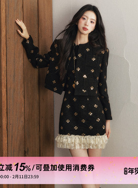 1P STUDIO 金色亮片绣花毛呢小香风套装女冬季短外套背心裙两件套