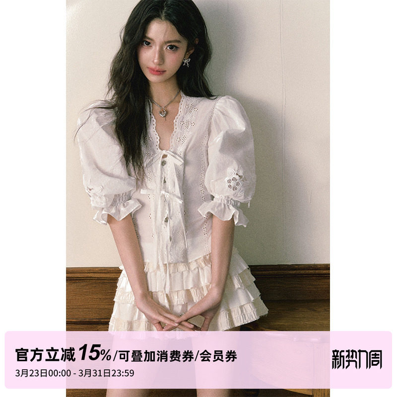 1P STUDIO原创设计 法式白衬衫女v领泡泡短袖春夏蛋糕裙两件套装