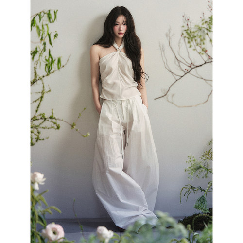 1P STUDIO 白色天丝纽结挂脖上衣休闲棉麻阔腿长裤两件套装女夏季