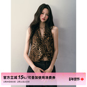 STUDIO 热辣豹纹印花V领挂脖上衣女秋冬不规则纽结设计露背心