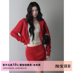 1P STUDIO 正红色短款连帽拉链卫衣外套低腰半身包臀短裙两件套装