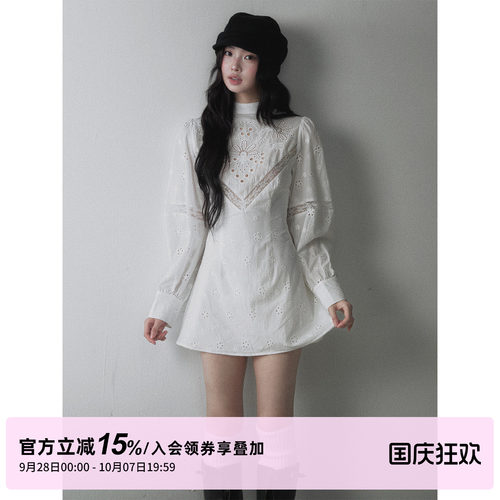 1P STUDIO 纯棉镂空绣花泡泡袖连衣裙女秋季蕾丝拼接收腰A字短裙