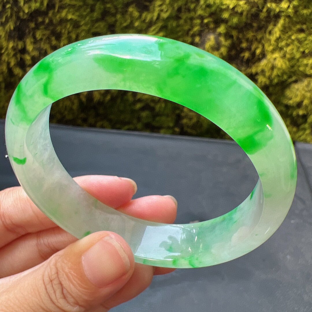 56圈口缅甸天然a货老坑高冰飘正阳绿翡翠手镯玉镯子平洲翡翠手镯