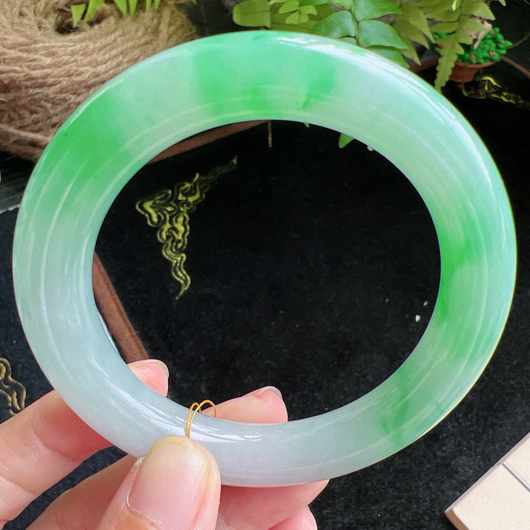 圆条57圈口缅甸天然A货老坑种玉镯平洲翡翠手镯精选编号047D0409E