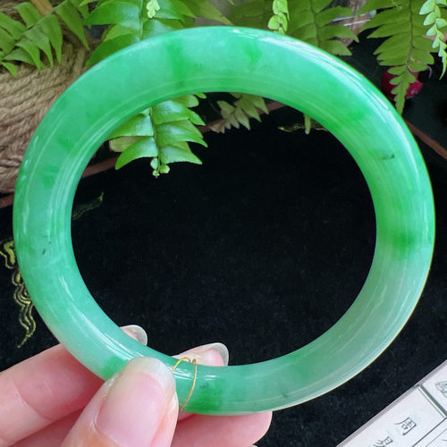 圆条57圈口缅甸天然A货老坑种玉镯平洲翡翠手镯精选编号048D0325