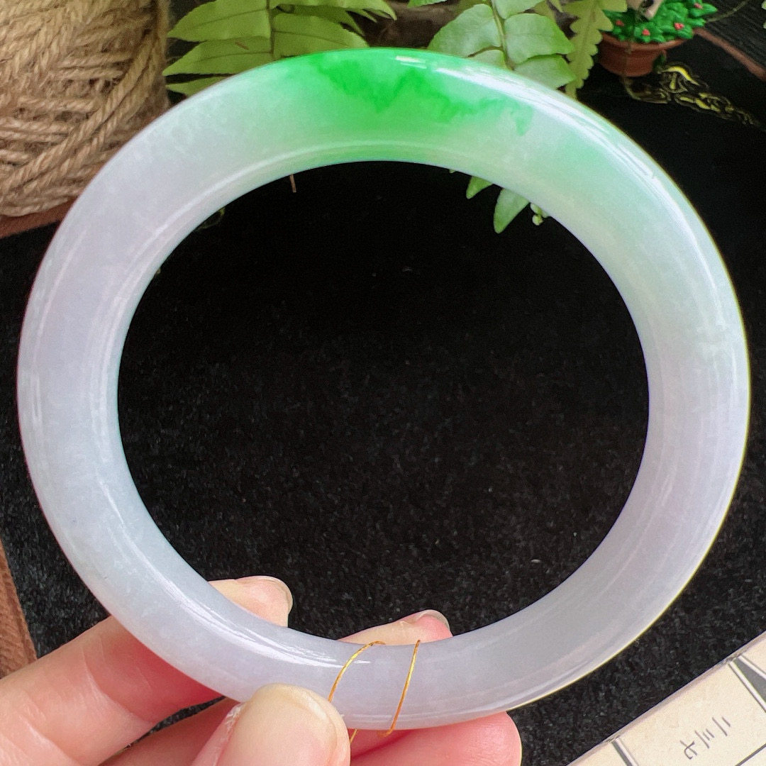 圆条57圈口缅甸天然A货老坑种玉镯平洲翡翠手镯精选编号065D0411E