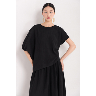 气质黑色 夏简约纯色休闲小众女装 上衣短袖 不规则设计圆领2026新款