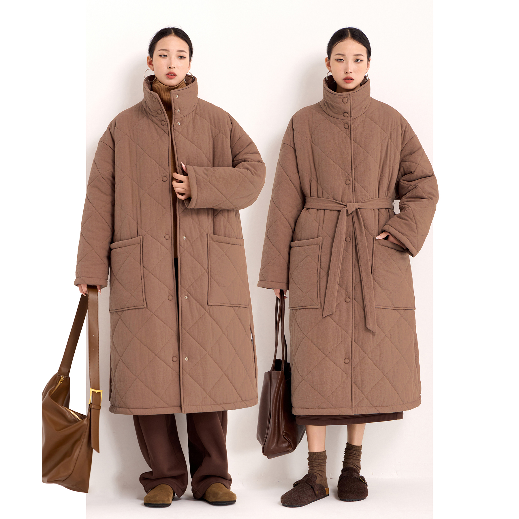 棉服女款2025新款冬装复古大气菱形立领棉袄棉衣中长夹棉加厚外套