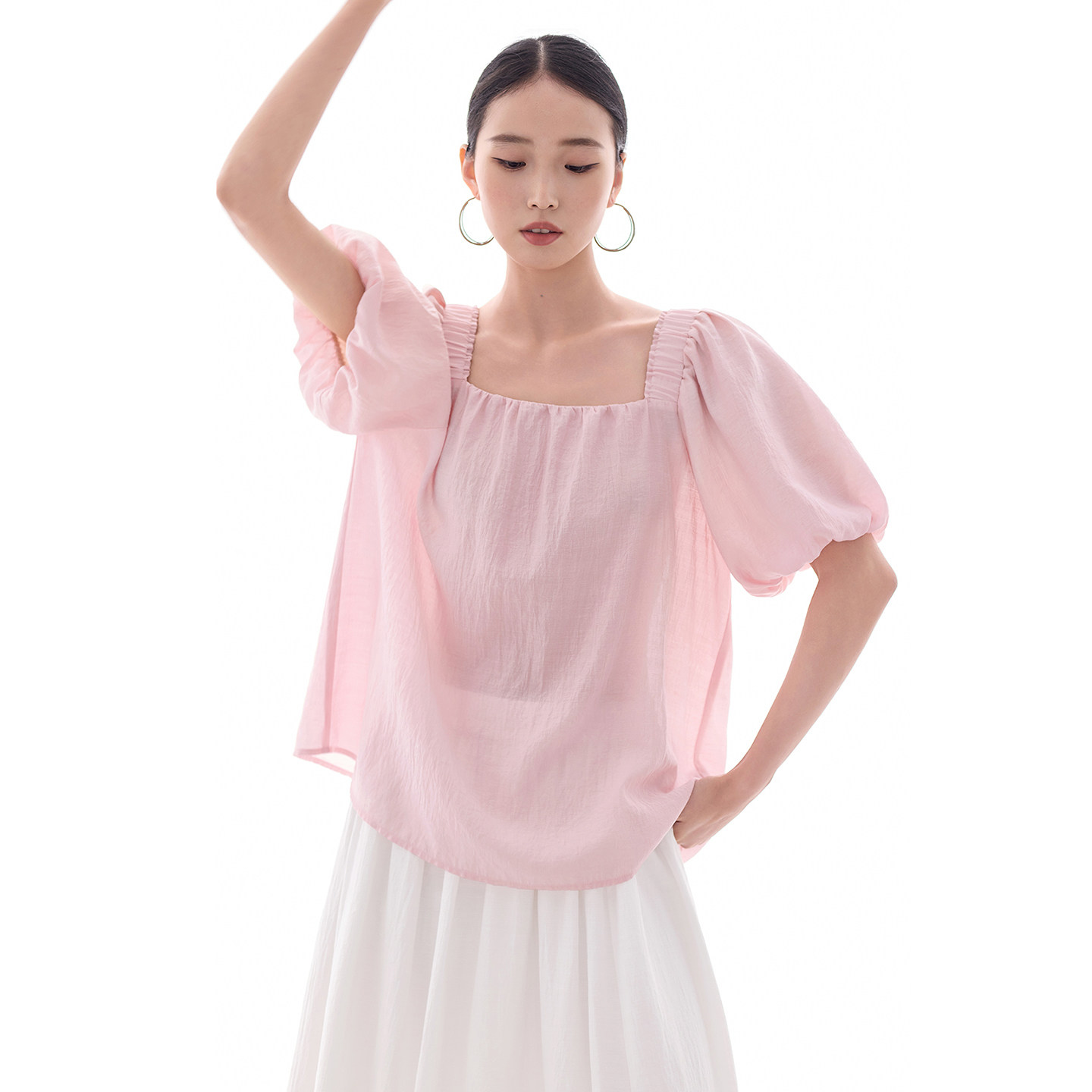 CR方领泡泡袖娃娃衫减龄少女感图片