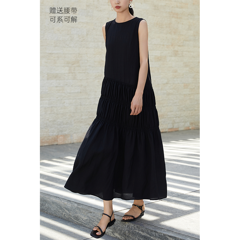 斯马克抽褶无袖宽松长裙海边通勤