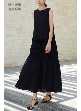 CR连衣裙子春夏新款斯马克褶皱工艺圆领无袖松弛风女装裙子黑色
