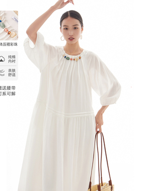 CR连衣裙女彩色串珠压褶白色裙子2026春夏秋新款宽松高级气质长裙