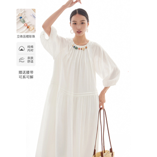 CR连衣裙女彩色串珠压褶白色裙子2026春夏秋新款宽松高级气质长裙