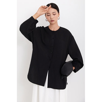 CR黑色圆领长袖衬衫简约通勤上衣