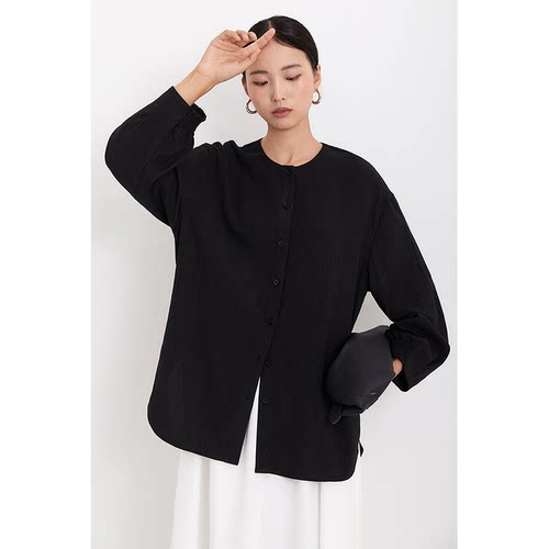 CR黑色圆领长袖衬衫简约通勤上衣