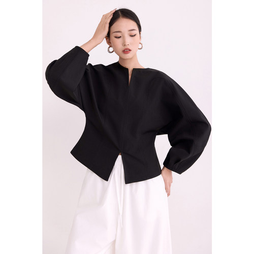 简约风黑色灯笼袖衬衫设计感上衣