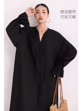 简约通勤风黑色连衣裙连身裙女装长袖系带V领宽松显瘦长裙松弛感