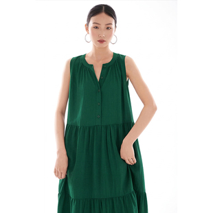 连衣裙无袖 绿色出游连身裙海边度假风蛋糕裙女士 长裙系扣裙子夏季