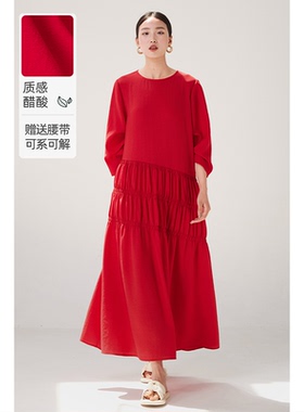 醋酸连衣裙红色大摆长款春夏秋新款超好看海边度假高级气质长裙女