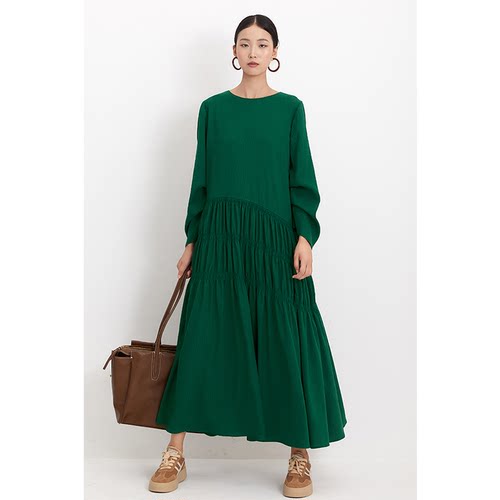 CR绿色褶皱斯马克打揽长袖连衣裙