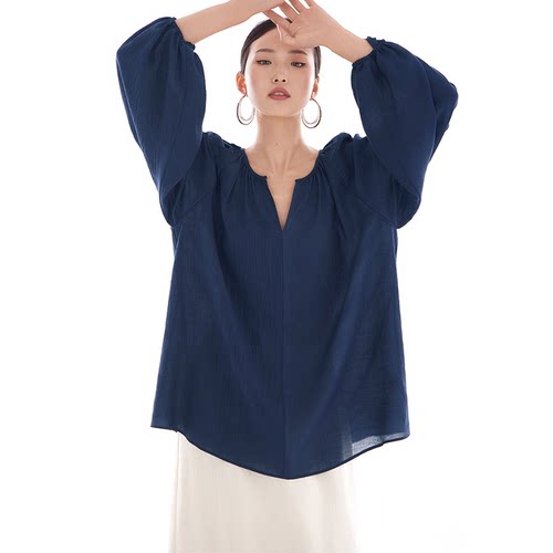 CR藏蓝色V领长袖宽松气质罩衫