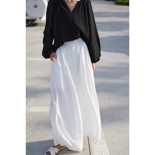 CR高级松弛风后松紧腰白色阔腿裤