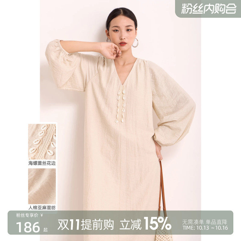 亚麻连衣裙贝壳长裙女装2026春夏秋新款设计感复古简约宽松慵懒风