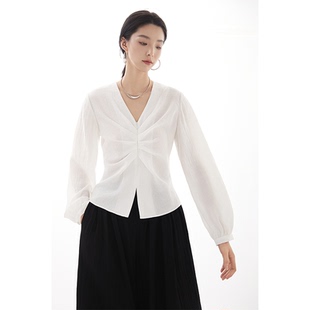chic白衬衫 CR衬衫 新款 女装 气质褶皱收腰显瘦白色 上衣衬衣春夏小衫