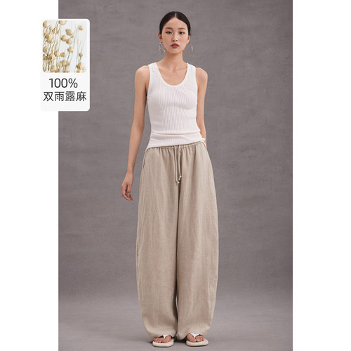 CR100%双雨露麻松紧腰弯刀裤卡其