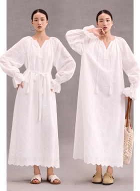 100%棉刺绣连衣裙子春秋新款度假风休闲宽松女装法式绣花长袖白色