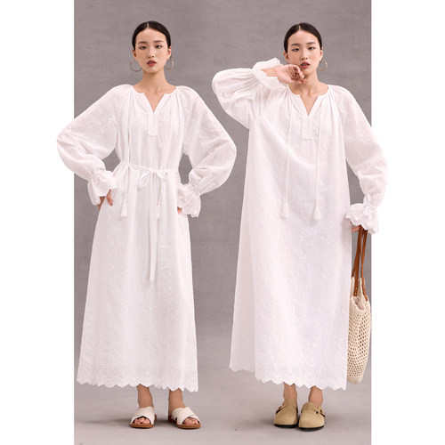 CR刺绣100%棉长袖连衣裙白色文艺