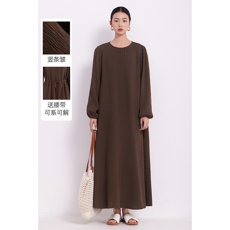 CR竖条皱肌理长袖宽松长裙送腰带